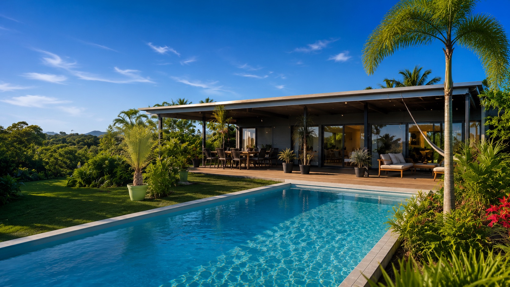 Maison calédonienne avec piscine et hamac au coucher du soleil